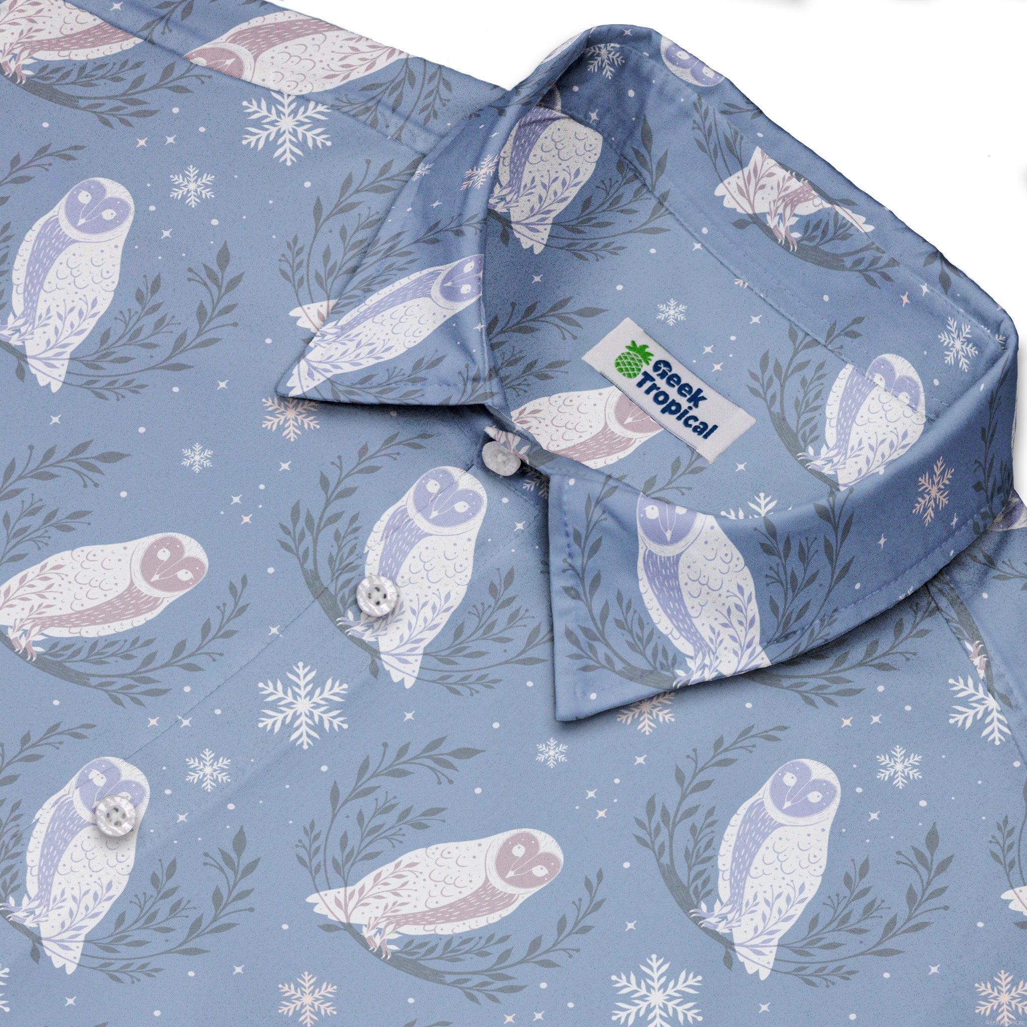 Snow Owl Moon Button Up Shirt Geek Nerd adult sizing Christmas Print Design by Episodic