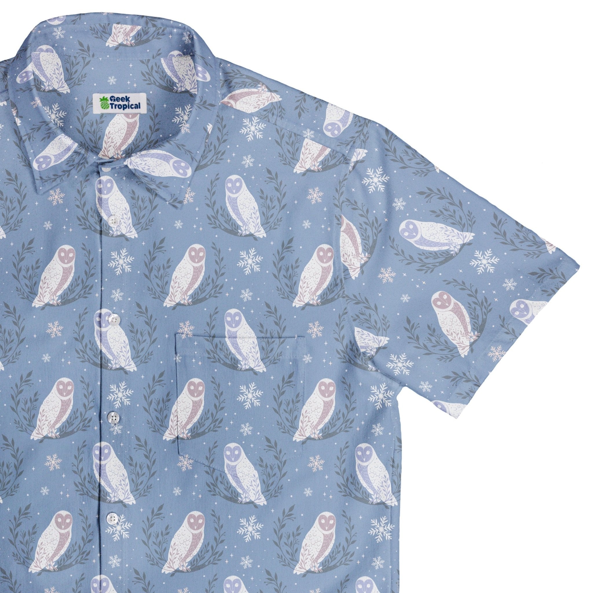 Snow Owl Moon Button Up Shirt Geek Nerd adult sizing Christmas Print Design by Episodic