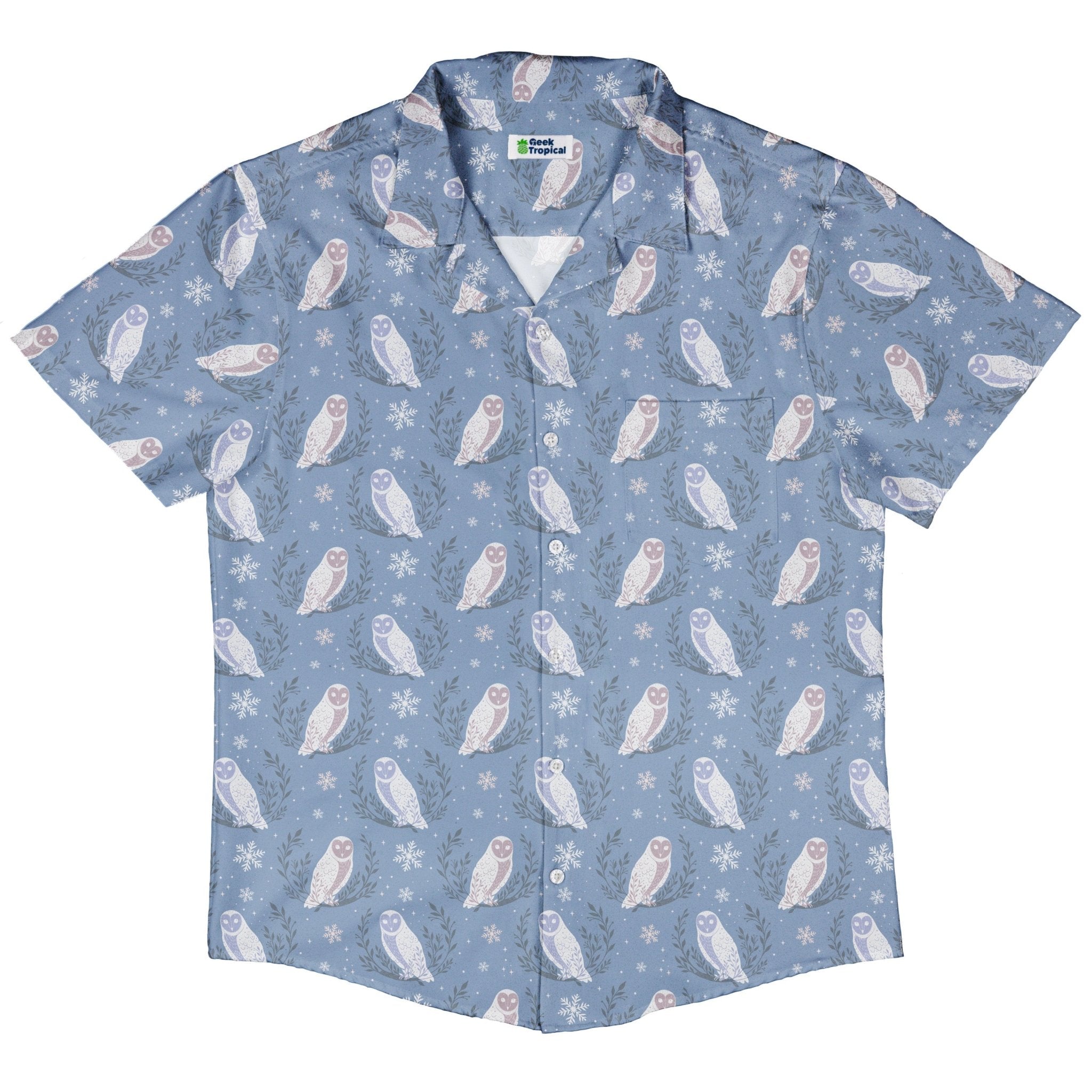 Snow Owl Moon Button Up Shirt Geek Nerd adult sizing Christmas Print Design by Episodic
