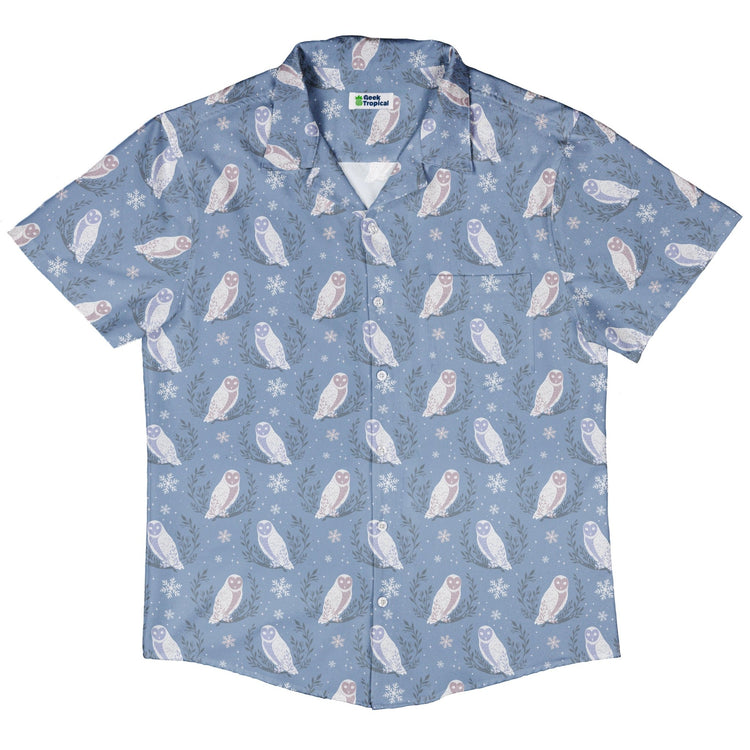 Snow Owl Moon Button Up Shirt Geek Nerd adult sizing Christmas Print Design by Episodic