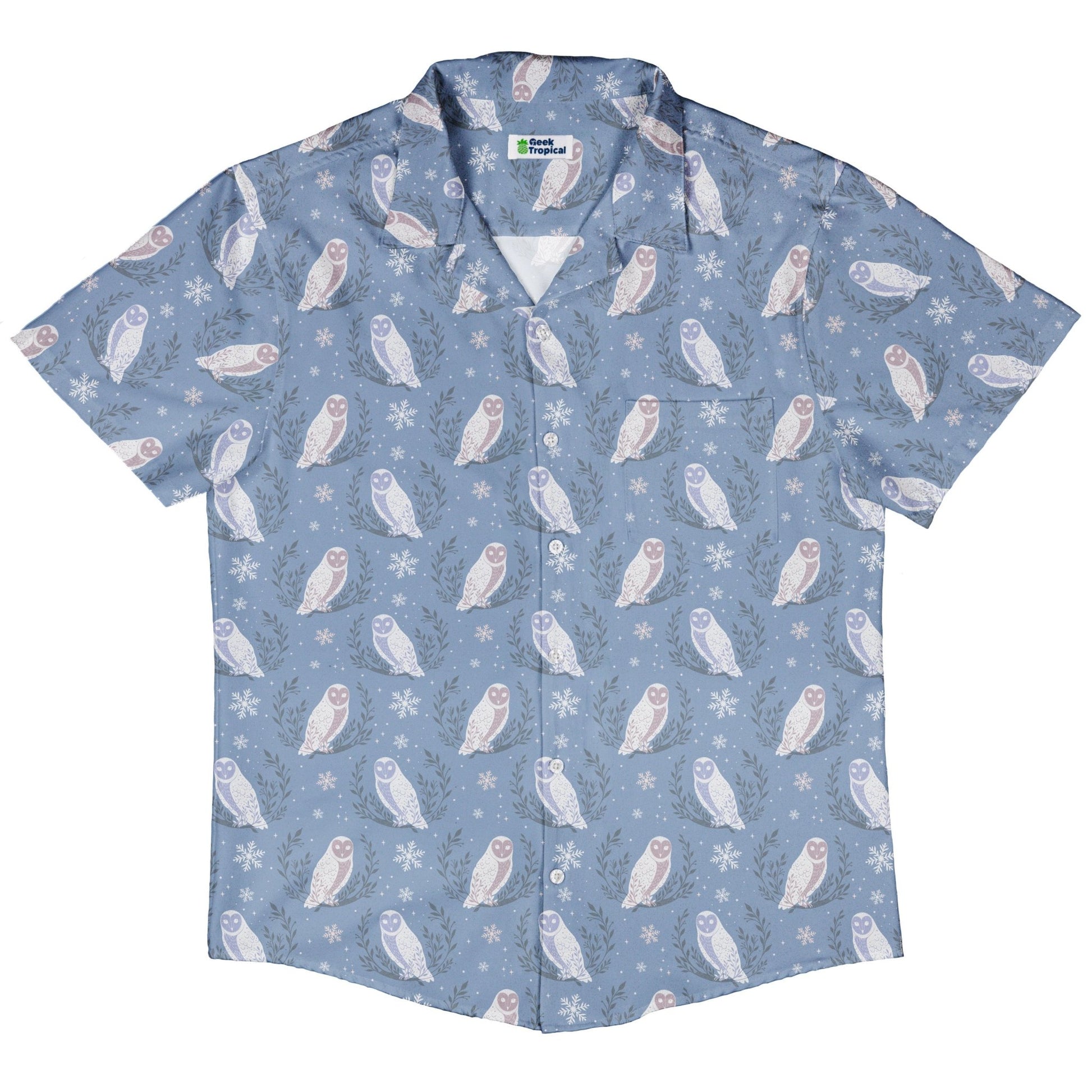 Snow Owl Moon Button Up Shirt Geek Nerd adult sizing Christmas Print Design by Episodic