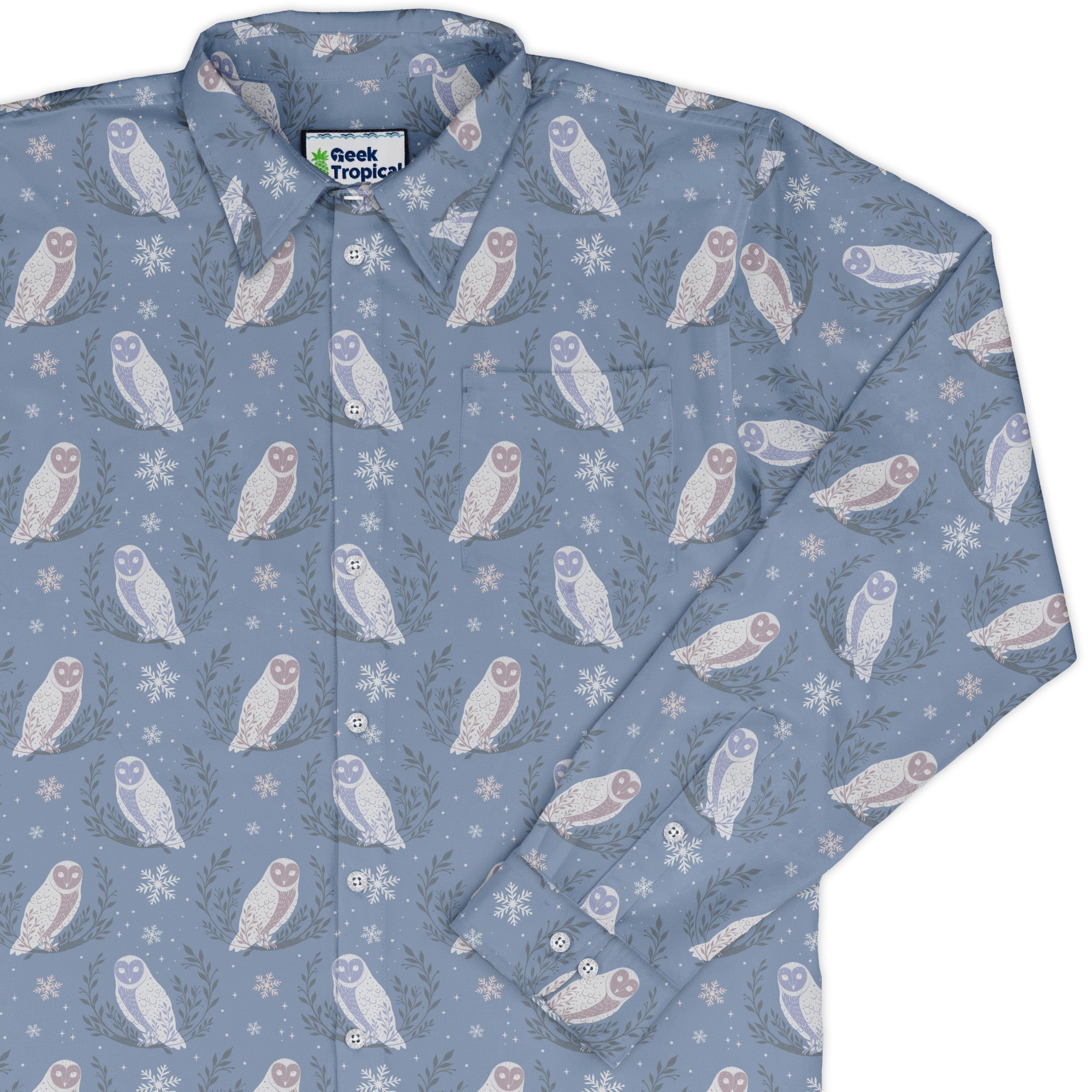 Snow Owl Moon Long Sleeve Button Up Shirt