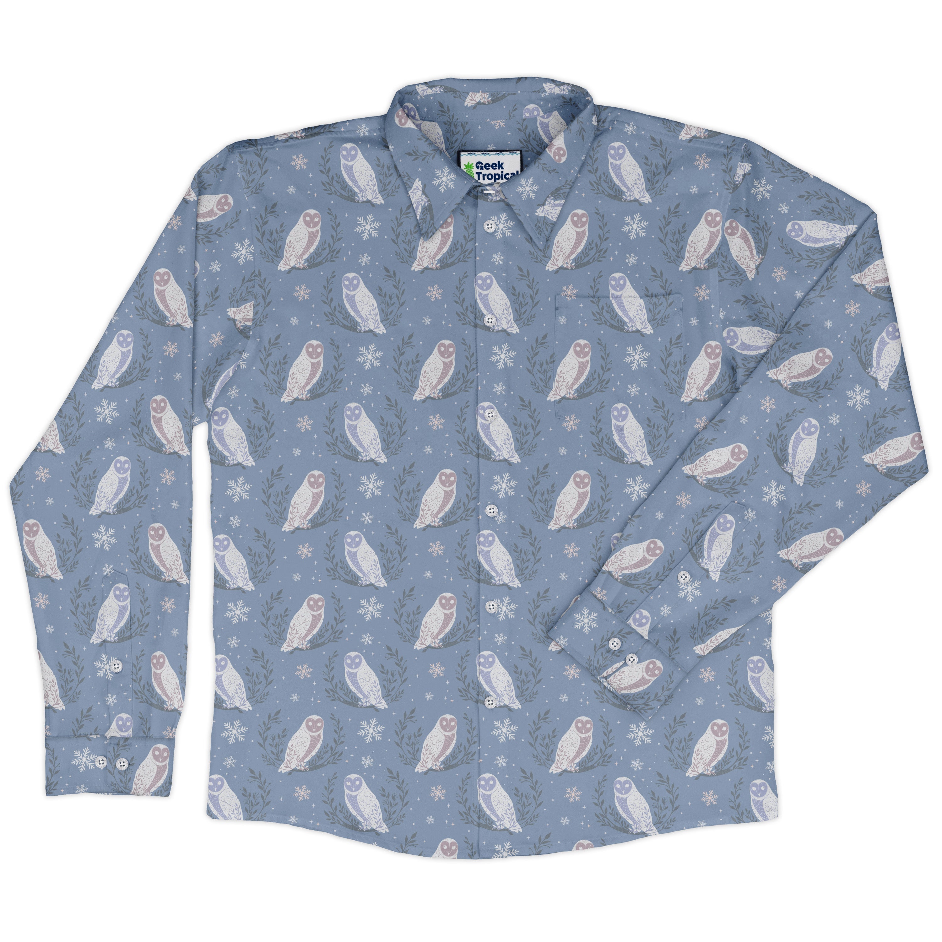 Snow Owl Moon Long Sleeve Button Up Shirt