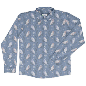 Snow Owl Moon Long Sleeve Button Up Shirt Geek Nerd adult sizing Botany Print Christmas Print