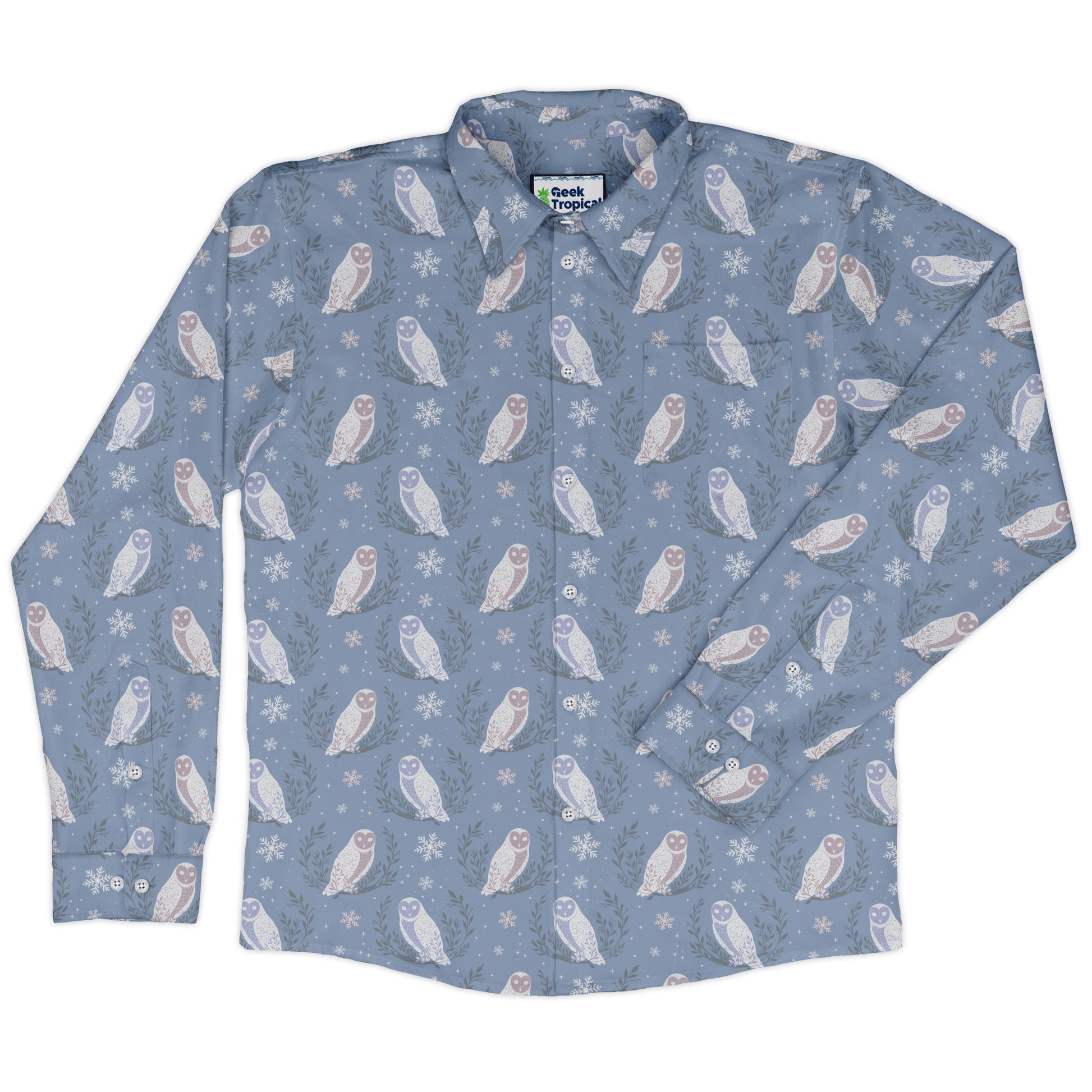 Snow Owl Moon Long Sleeve Button Up Shirt