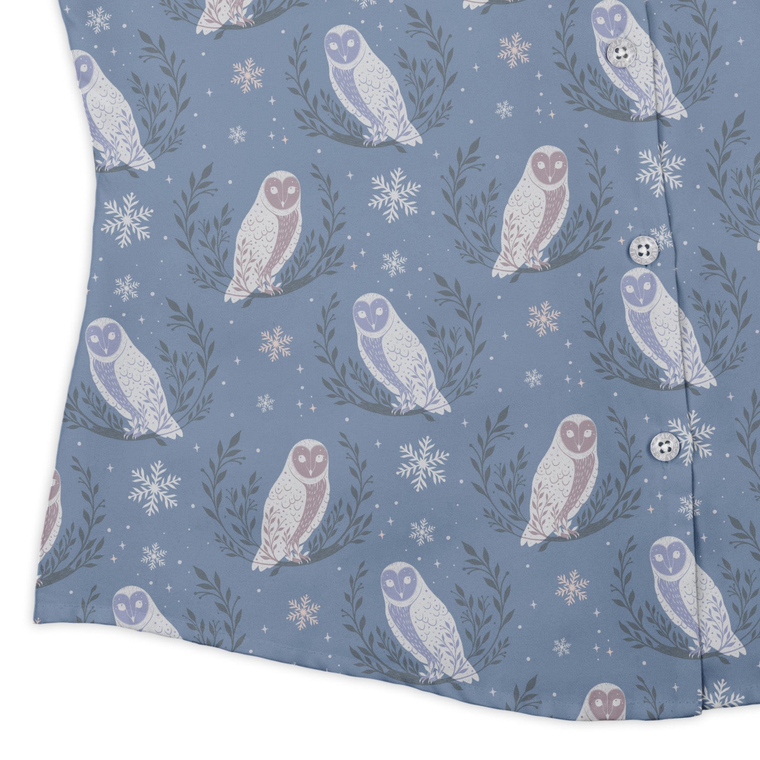 Snow Owl Moon Curvy Button Up Shirt Geek Nerd Botany Print Christmas Print Design by Episodic