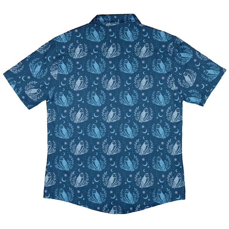 Snow Owl Night Flight Button Up Shirt Geek Nerd adult sizing Christmas Print Design by Episodic