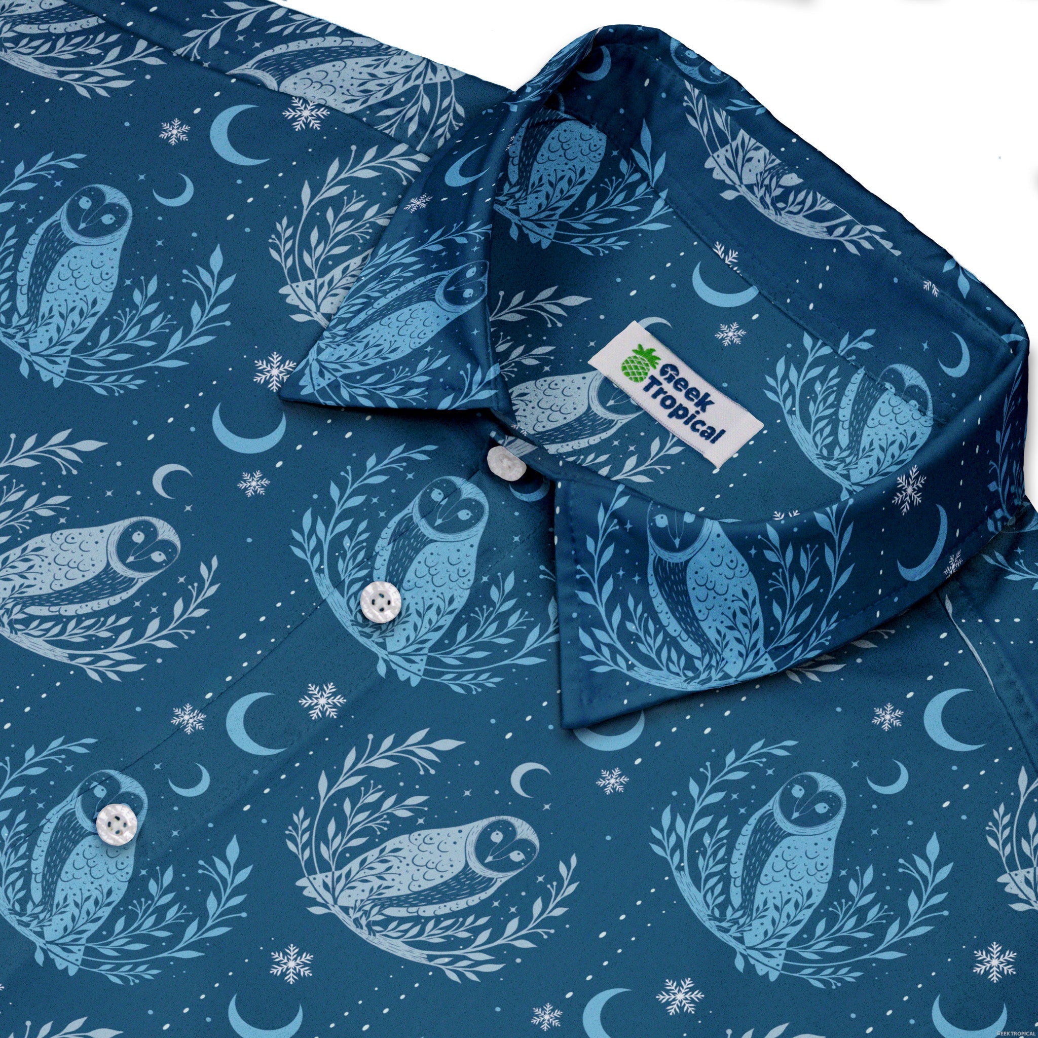 Snow Owl Night Flight Button Up Shirt Geek Nerd adult sizing Christmas Print Design by Episodic