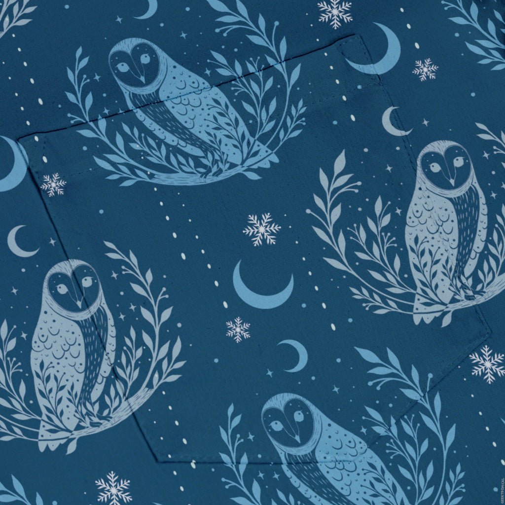 Snow Owl Night Flight Button Up Shirt Geek Nerd adult sizing Christmas Print Design by Episodic