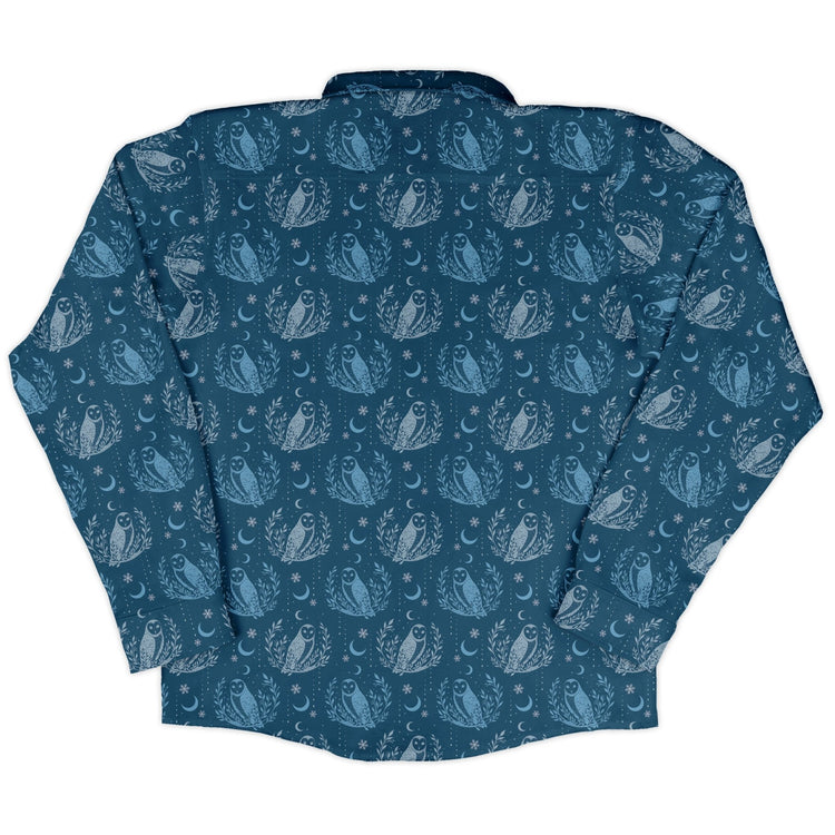 Snow Owl Night Flight Long Sleeve Button Up Shirt Geek Nerd adult sizing Botany Print Christmas Print