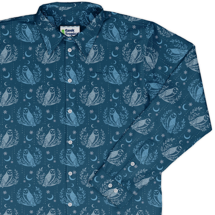 Snow Owl Night Flight Long Sleeve Button Up Shirt Geek Nerd adult sizing Botany Print Christmas Print