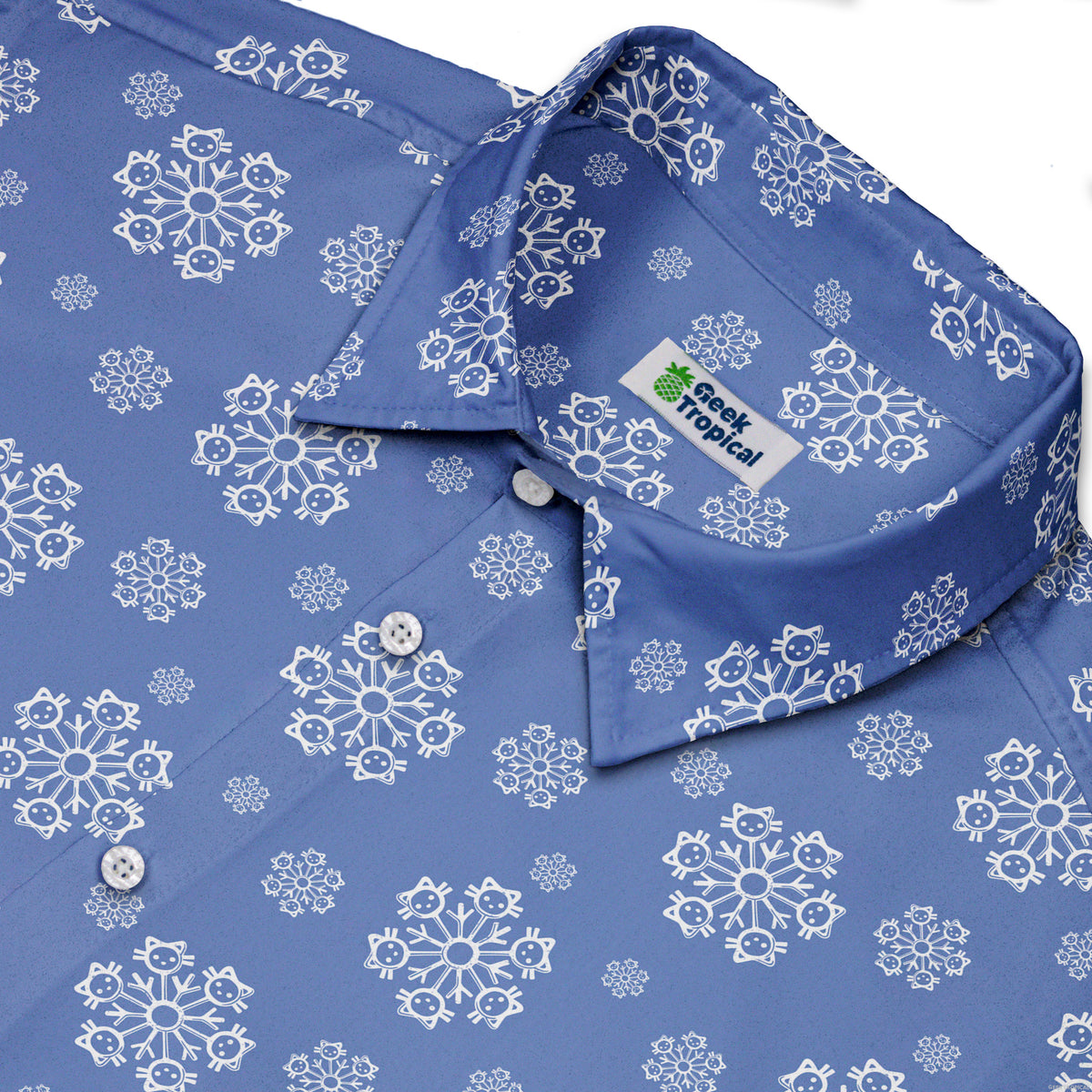 Snowflake Cat Winter Button Up Shirt Neck