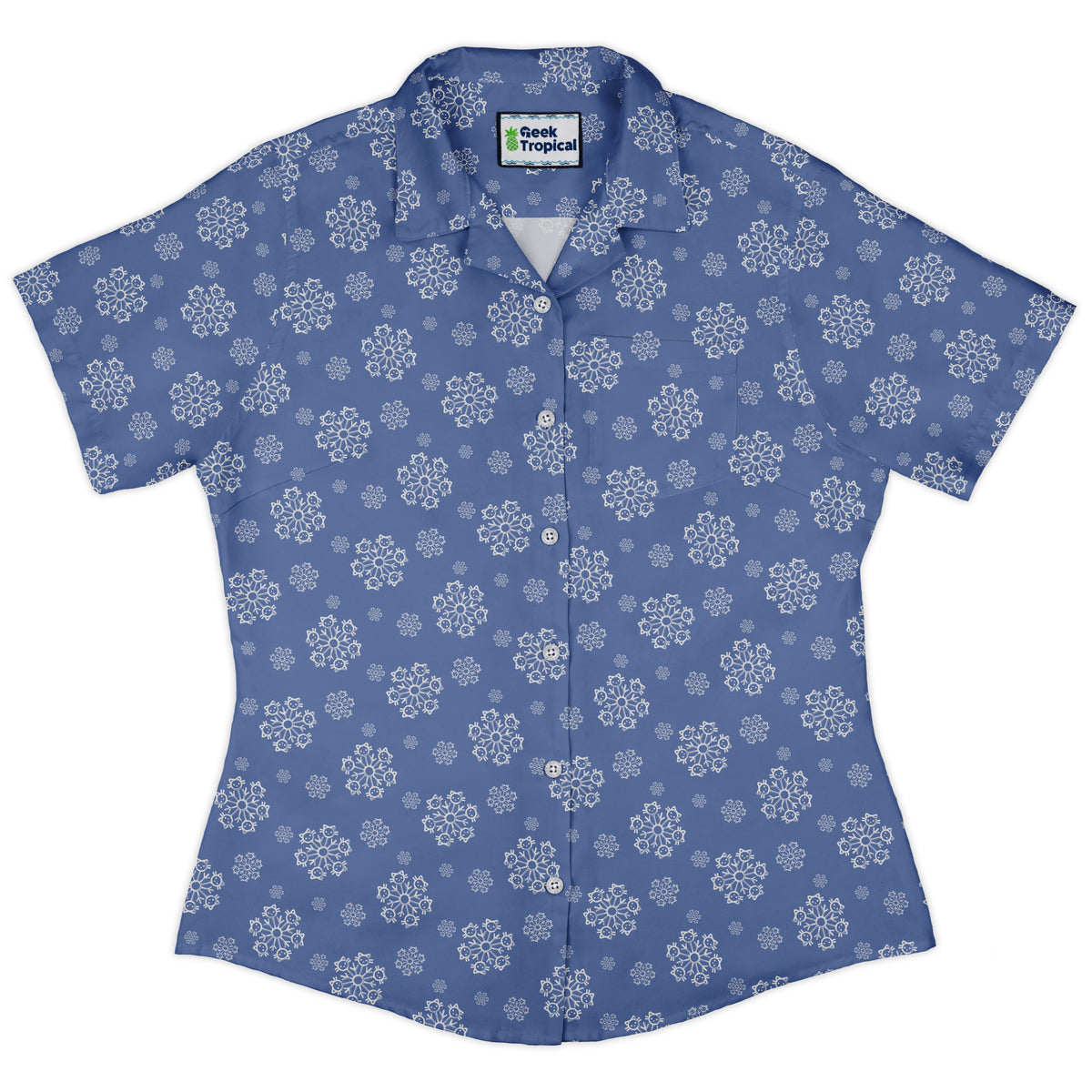 Snowflake Cat Winter Curvy Button Up Shirt womens front