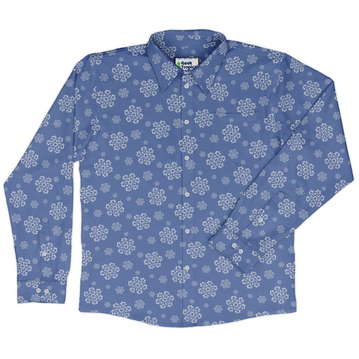 Snowflake Cat Winter Long Sleeve Button Up Shirt front
