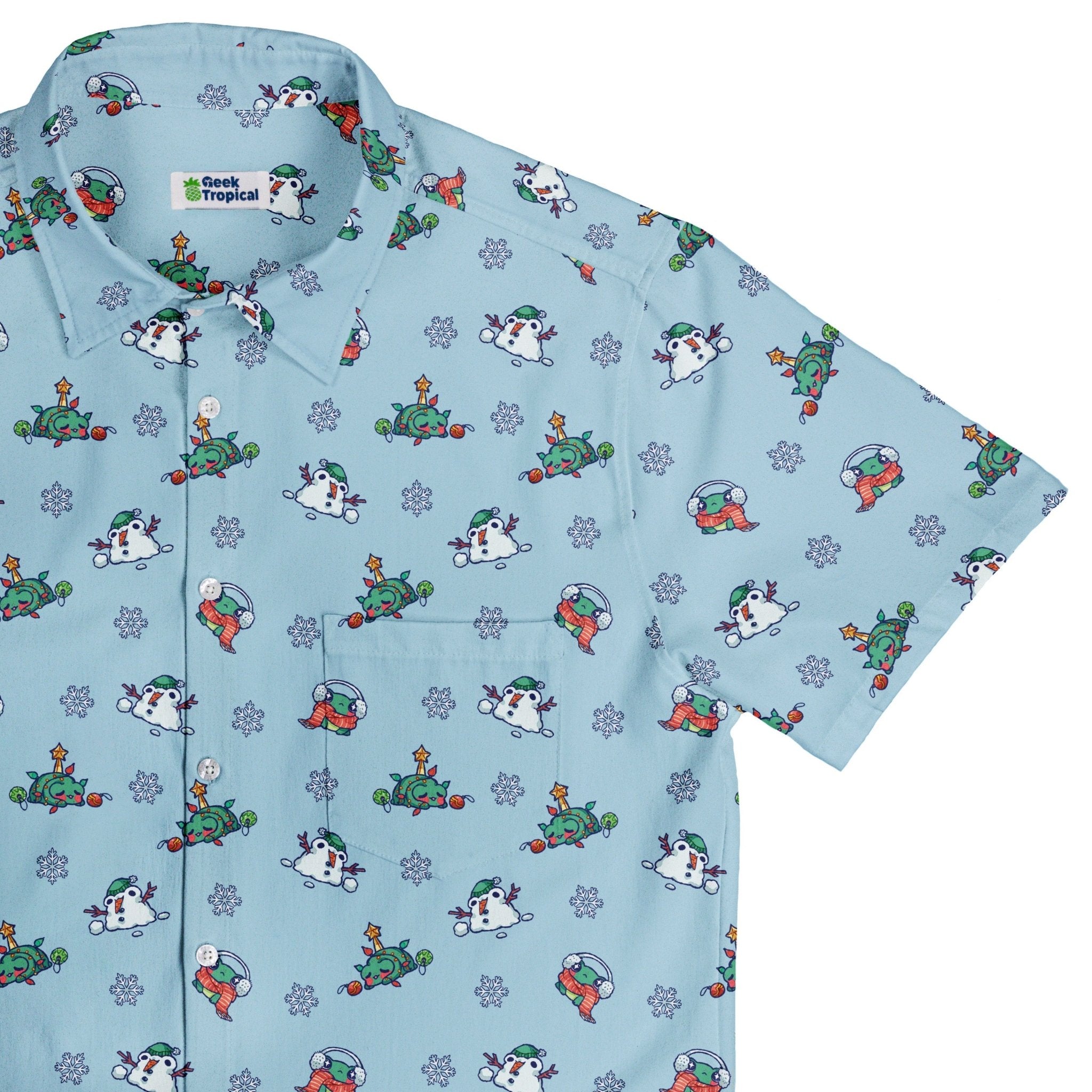 Snowing Frogs Button Up Shirt Geek Nerd adult sizing Christmas Print Design by Ardi Tong