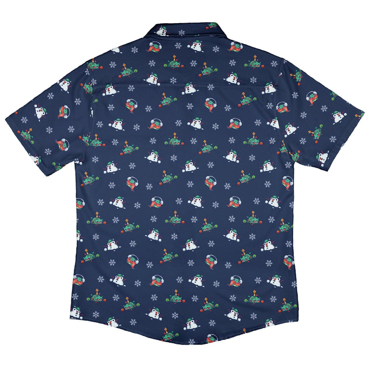 Snowing Frogs Chilly Night Button Up Shirt Geek Nerd adult sizing Christmas Print Design by Ardi Tong