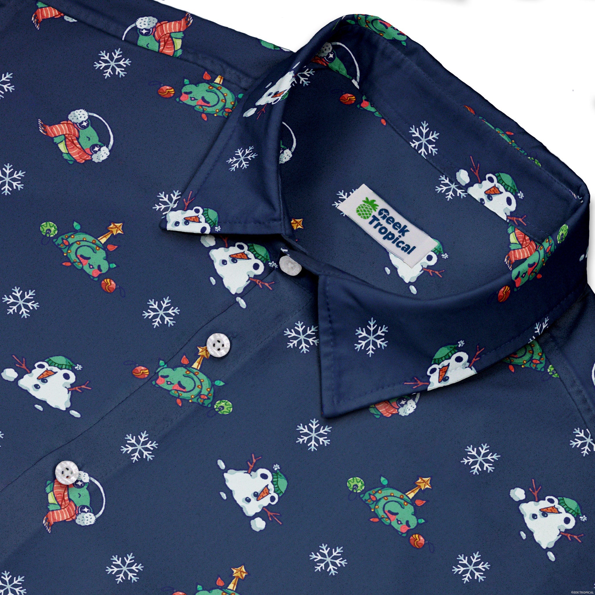 Snowing Frogs Chilly Night Button Up Shirt Geek Nerd adult sizing Christmas Print Design by Ardi Tong