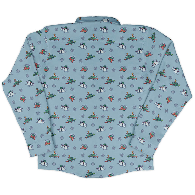 Snowing Frogs Long Sleeve Button Up Shirt Geek Nerd adult sizing Anime Christmas Print