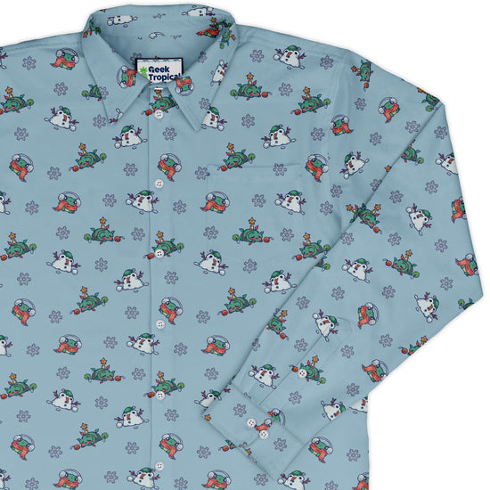 Snowing Frogs Long Sleeve Button Up Shirt Geek Nerd adult sizing Anime Christmas Print