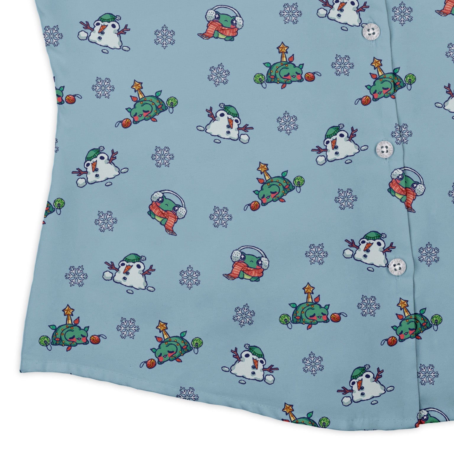 Snowing Frogs Curvy Button Up Shirt Geek Nerd Anime Christmas Print Design by Ardi Tong