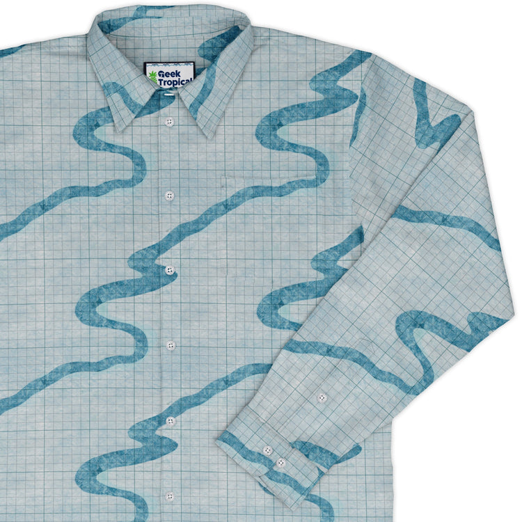 Snowy Dnd Battle Map Long Sleeve Button Up Shirt Geek Nerd adult sizing Christmas Print Designs by Nathan