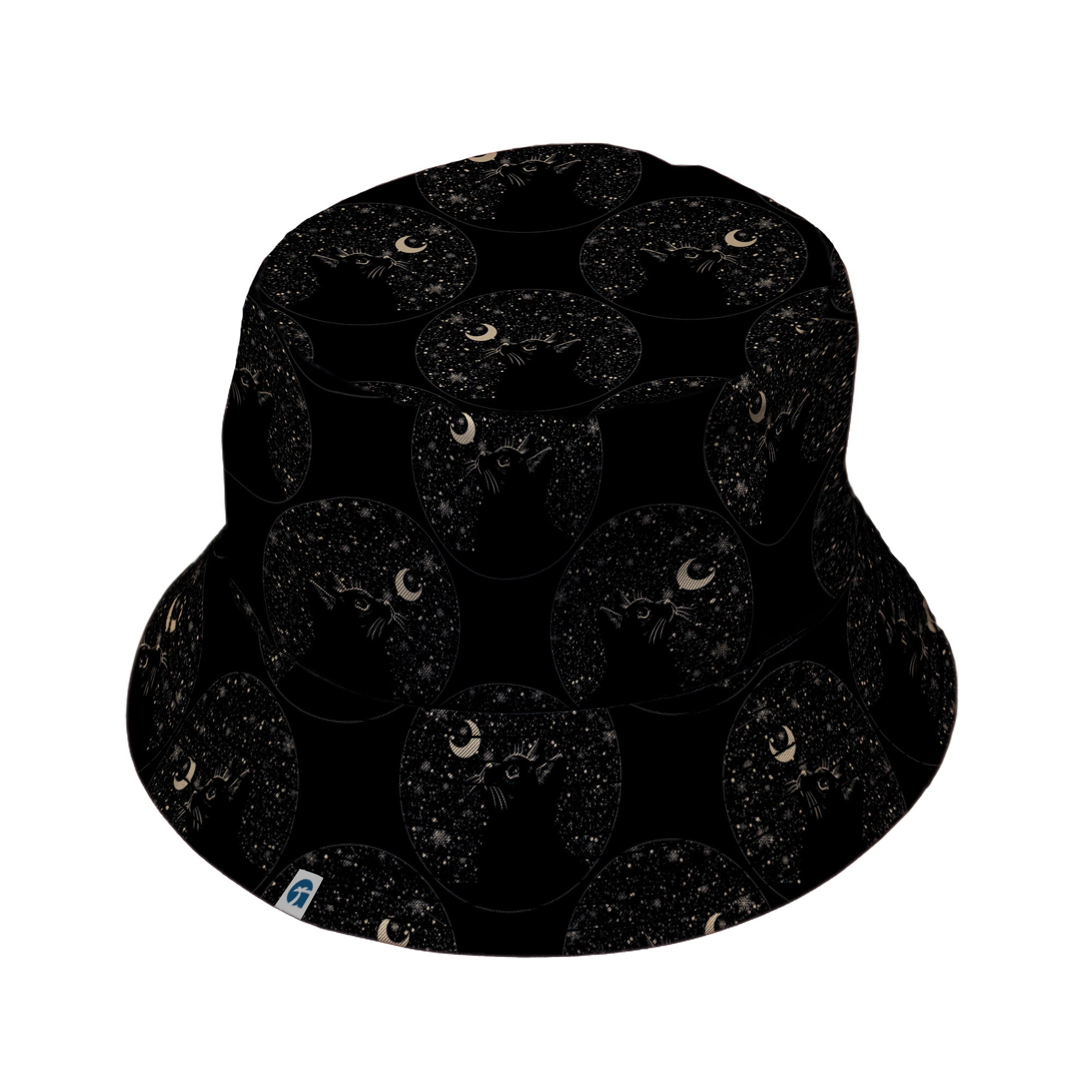 Snowy Kitty Night Bucket Hat Black Stitching
