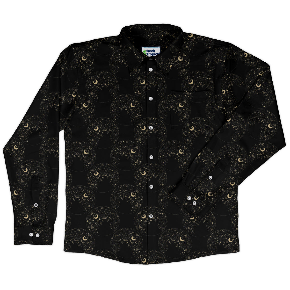 Snowy Kitty Night Long Sleeve Button Up Shirt front