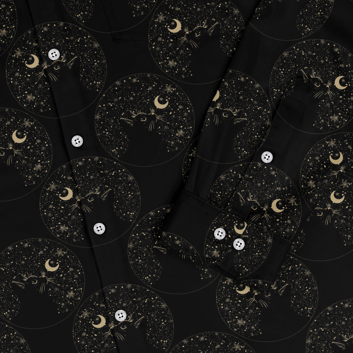 Snowy Kitty Night Long Sleeve Button Up Shirt sleeve close