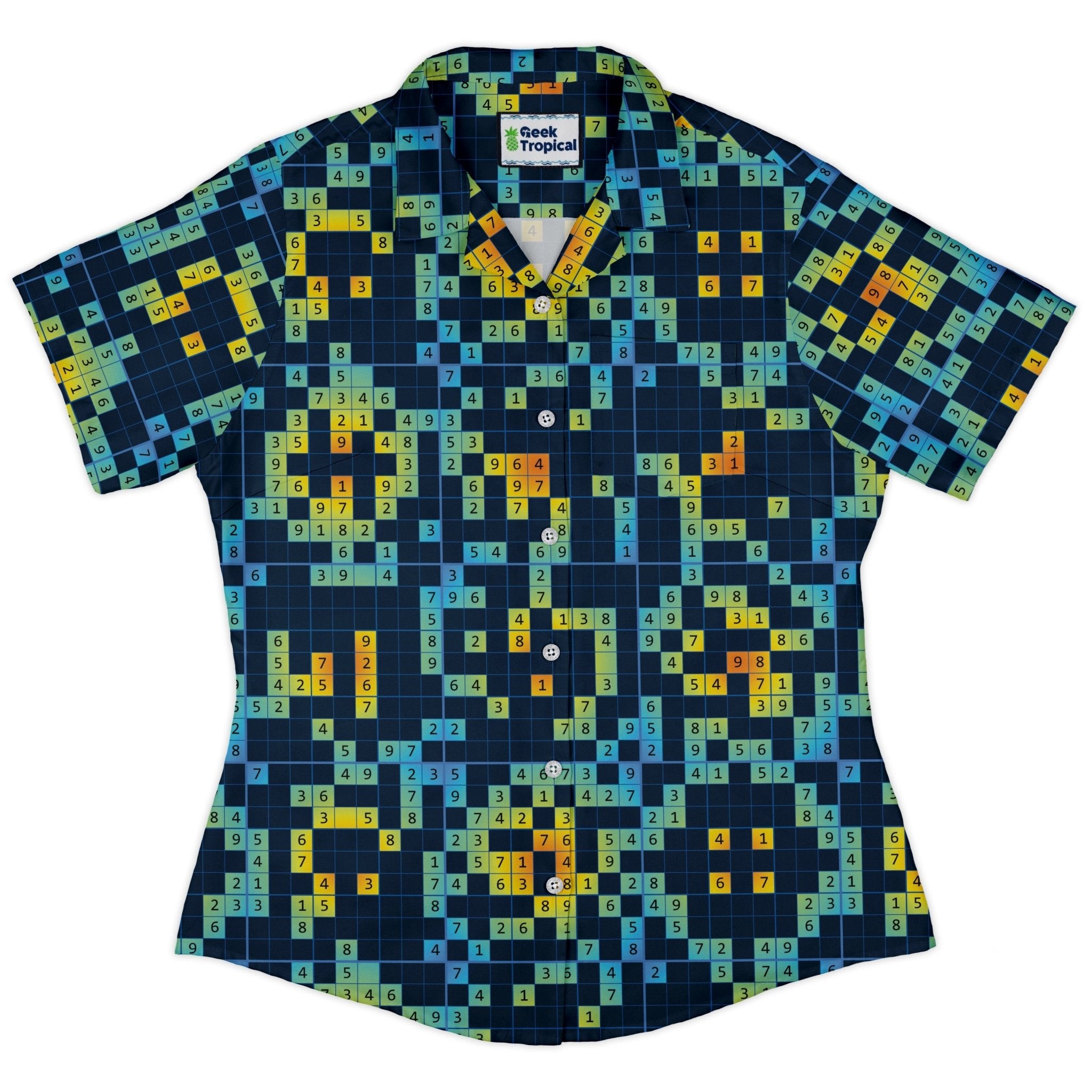Sudoku Math Puzzle Curvy Button Up Shirt Geek Nerd mathematics print women