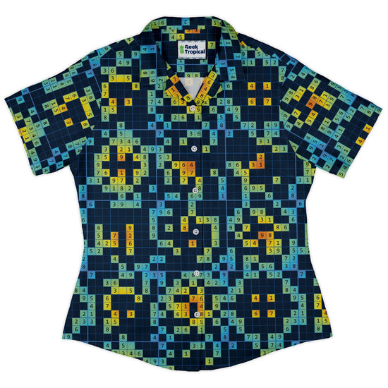 Sudoku Math Puzzle Curvy Button Up Shirt Geek Nerd mathematics print women