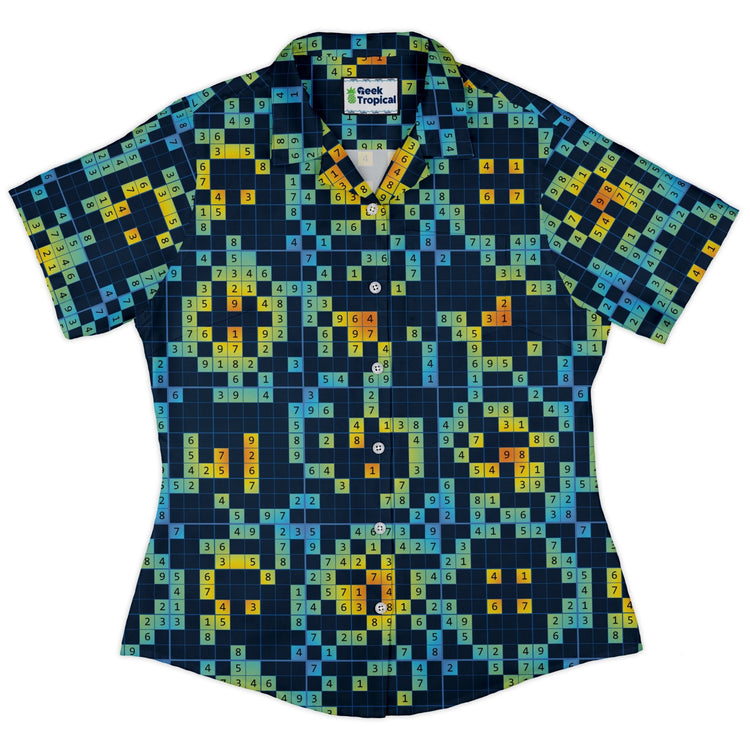 Sudoku Math Puzzle Curvy Button Up Shirt Geek Nerd mathematics print women