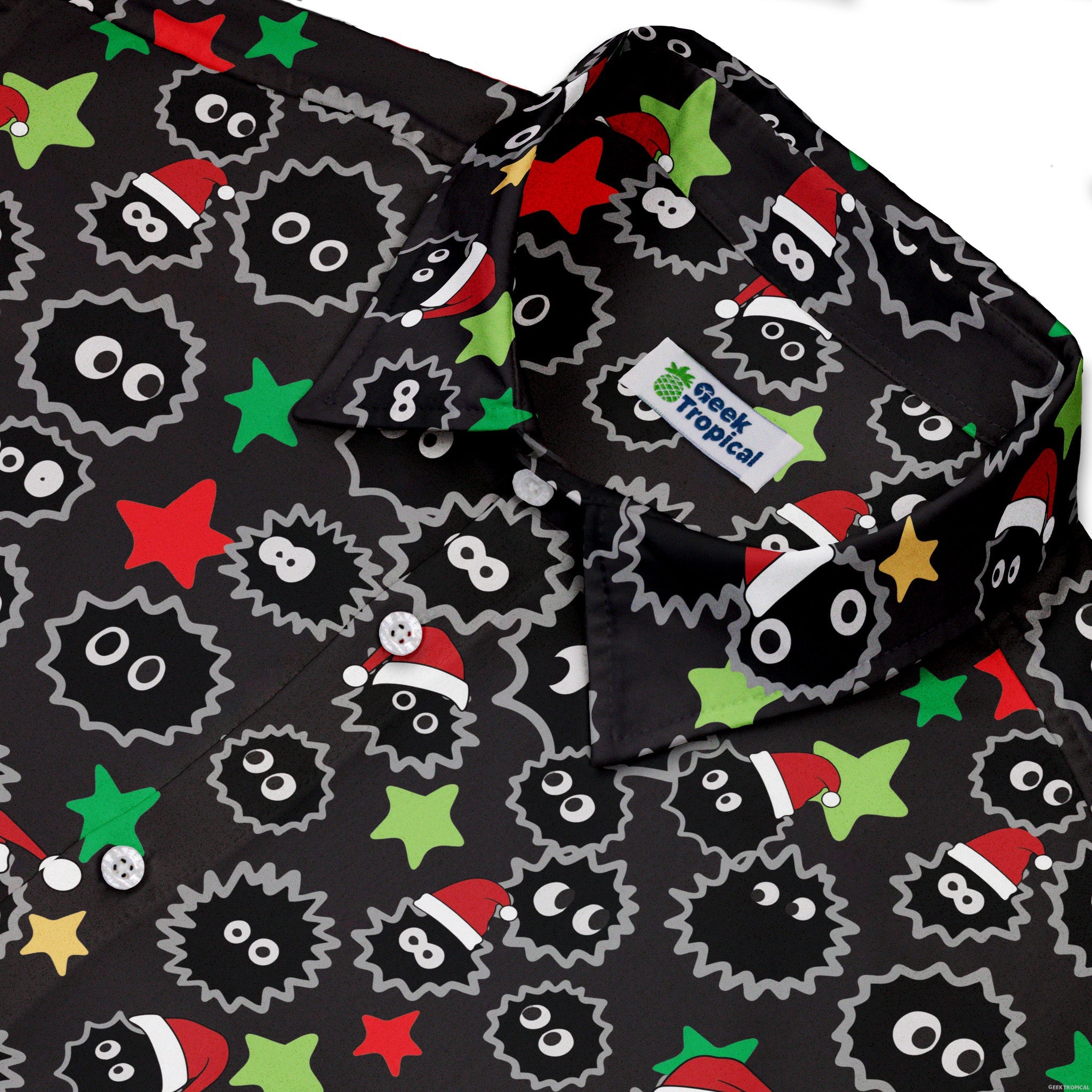 Sootsprite Santas Button Up Shirt Geek Nerd adult sizing Anime Christmas Print