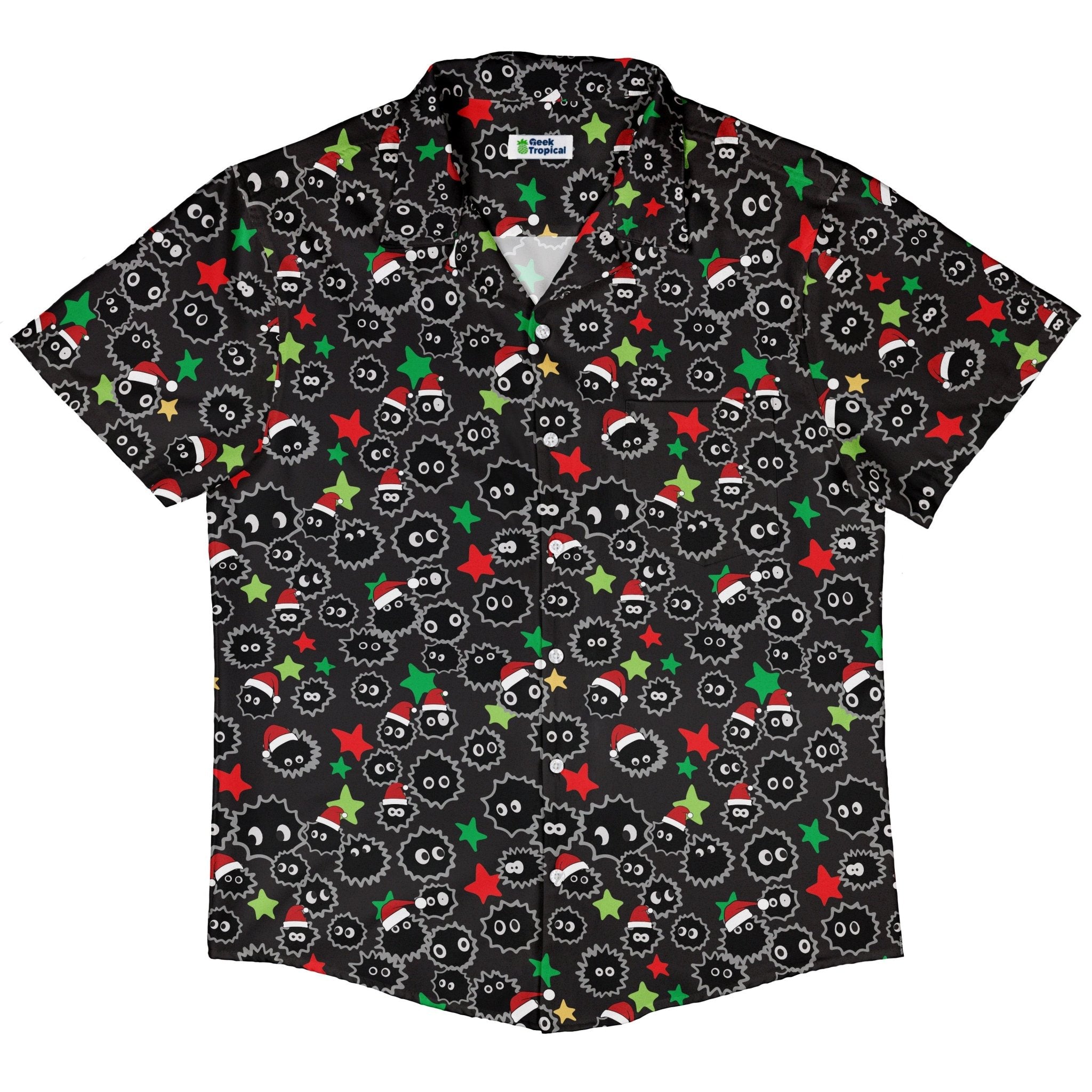 Sootsprite Santas Button Up Shirt Geek Nerd adult sizing Anime Christmas Print