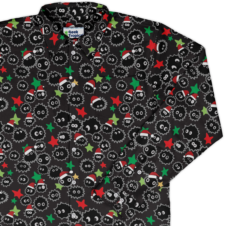 Sootsprite Santas Long Sleeve Button Up Shirt Geek Nerd adult sizing Anime Christmas Print