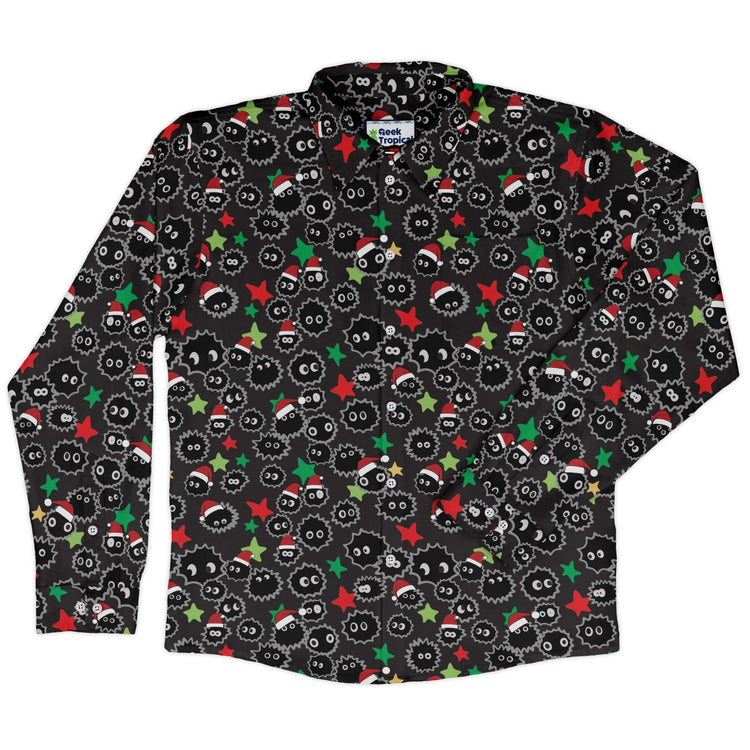 Sootsprite Santas Long Sleeve Button Up Shirt Geek Nerd adult sizing Anime Christmas Print