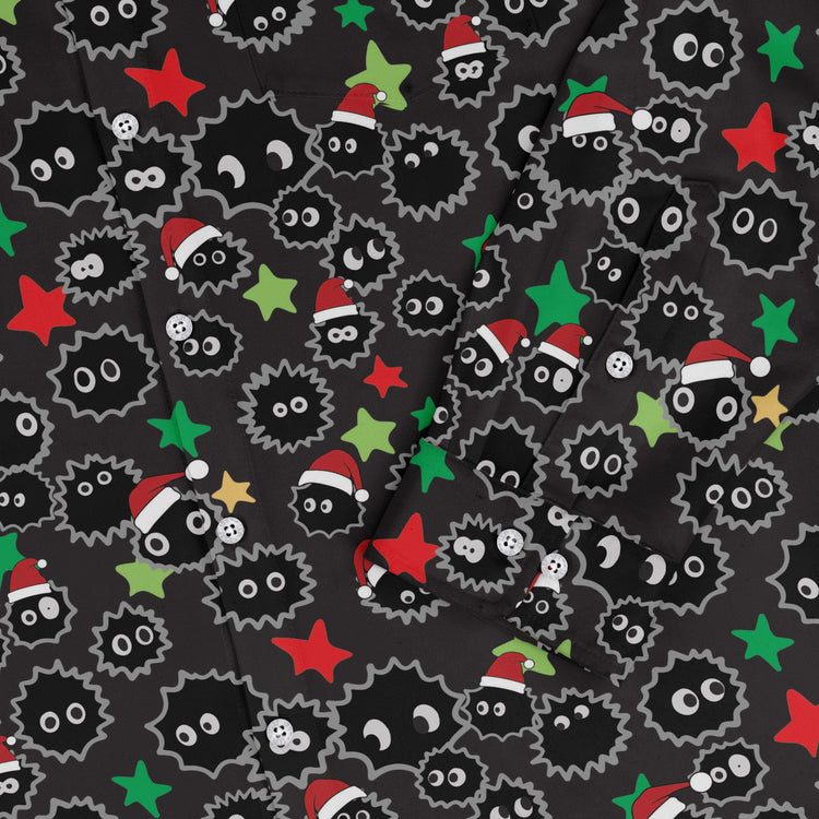Sootsprite Santas Long Sleeve Button Up Shirt Geek Nerd adult sizing Anime Christmas Print