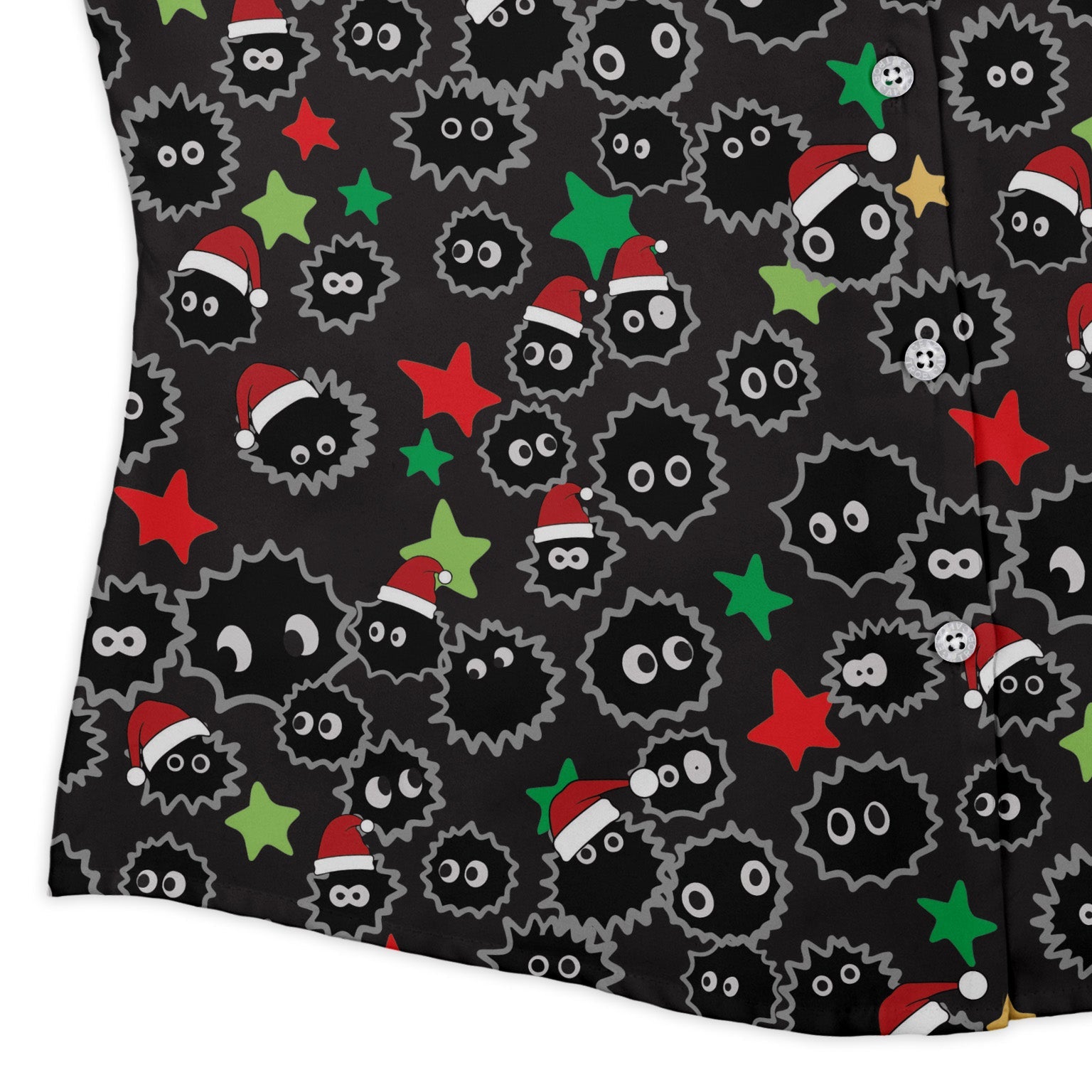 Sootsprite Santas Curvy Button Up Shirt Geek Nerd Anime Christmas Print Design by Heather Davenport