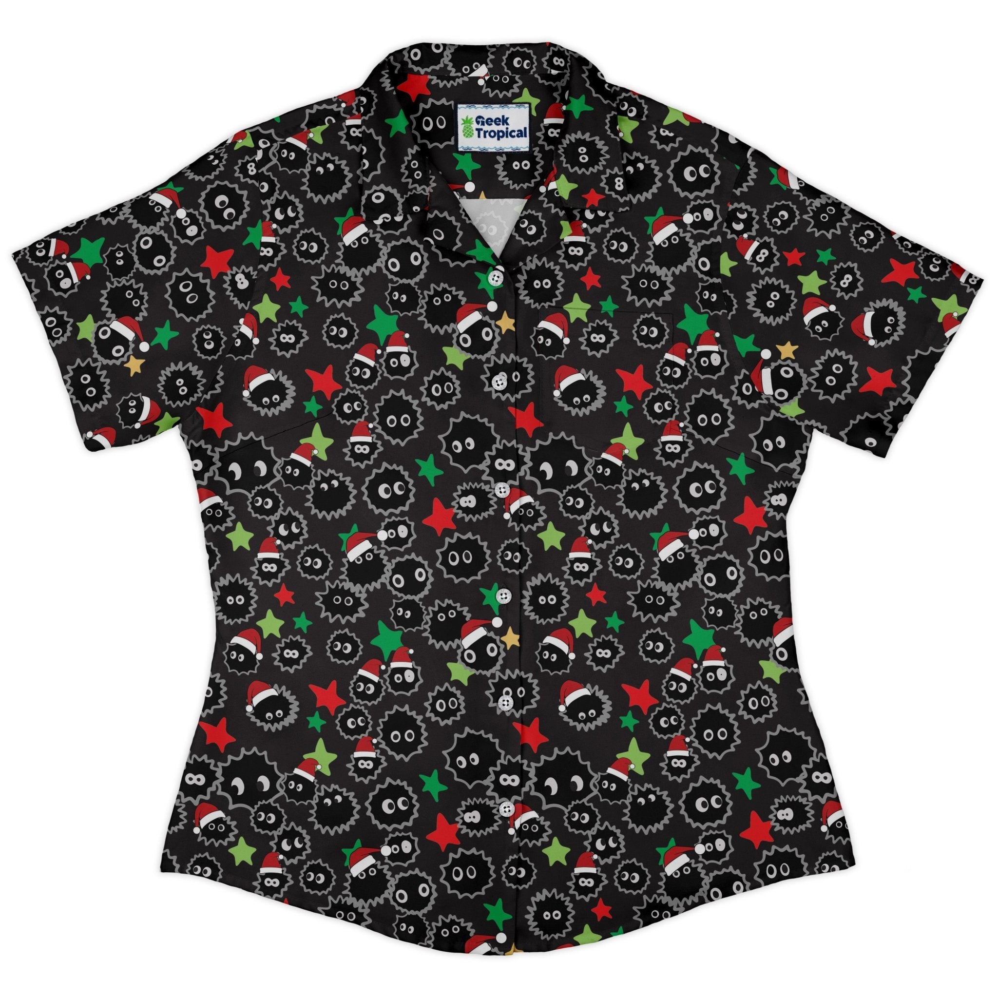 Sootsprite Santas Curvy Button Up Shirt Geek Nerd Anime Christmas Print Design by Heather Davenport