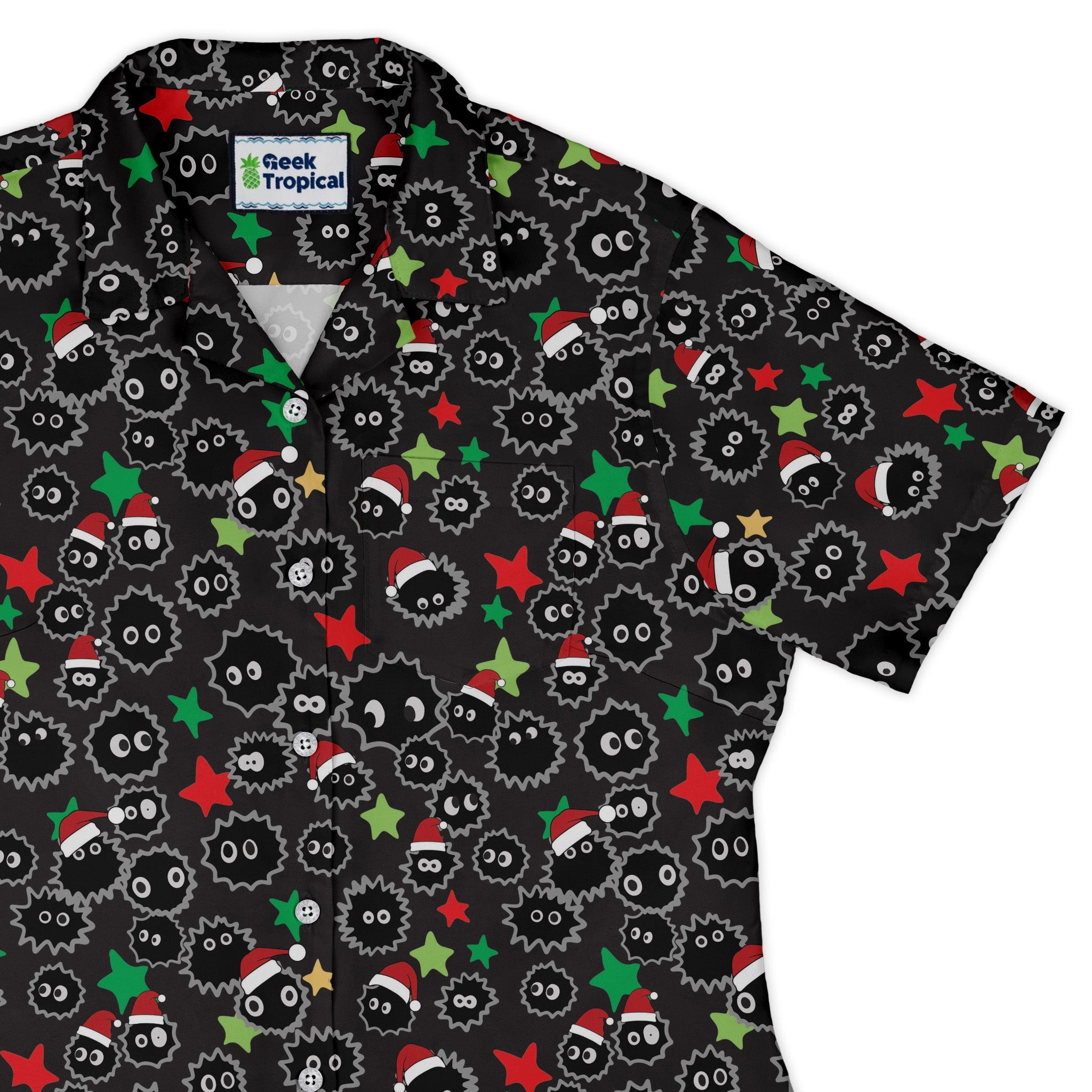 Sootsprite Santas Curvy Button Up Shirt Geek Nerd Anime Christmas Print Design by Heather Davenport