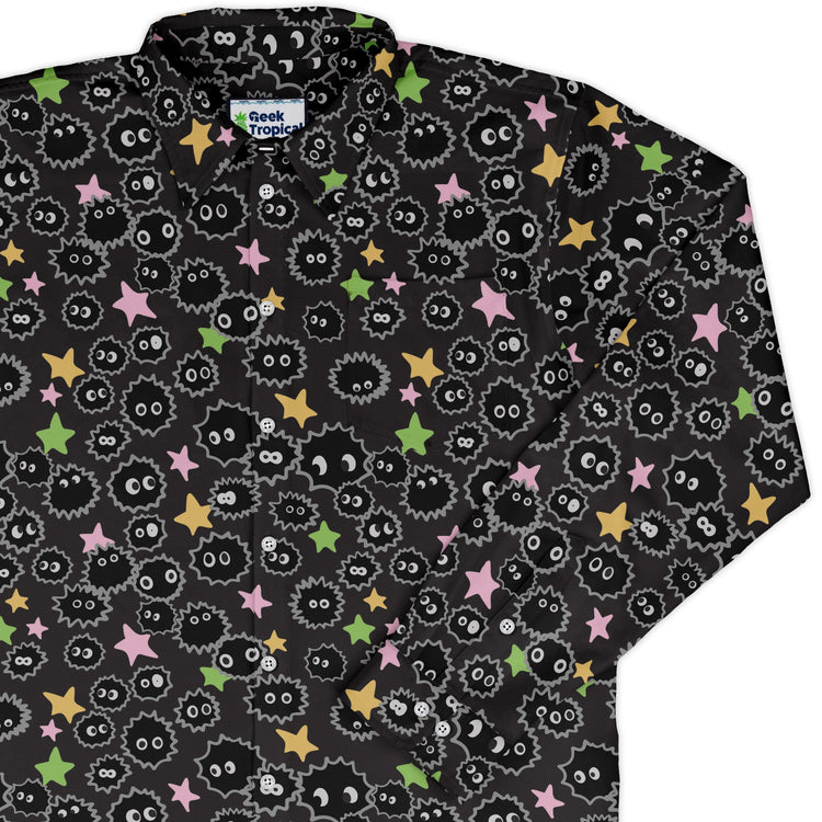 Sootsprites Anime Long Sleeve Button Up Shirt Geek Nerd adult sizing Anime Design by Heather Davenport