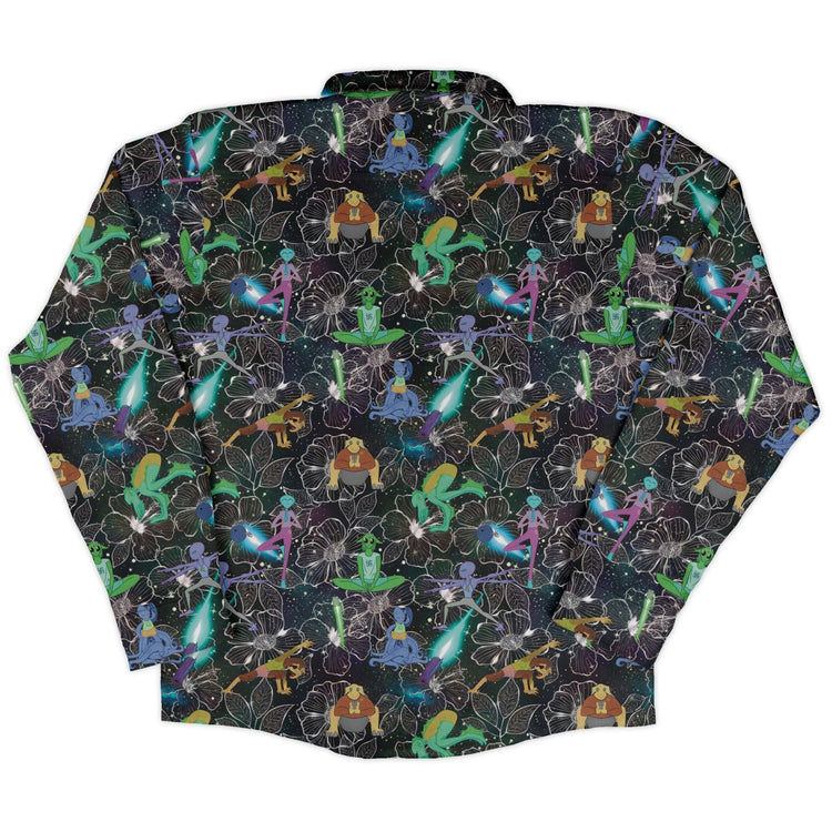 Space Alien Yoga Black Long Sleeve Button Up Shirt Geek Nerd adult sizing Designs by Nathan FLOW DESC WRITING