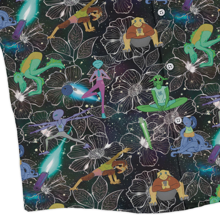 Space Alien Yoga Black Long Sleeve Button Up Shirt Geek Nerd adult sizing Designs by Nathan FLOW DESC WRITING