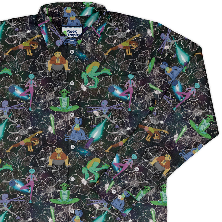 Space Alien Yoga Black Long Sleeve Button Up Shirt Geek Nerd adult sizing Designs by Nathan FLOW DESC WRITING