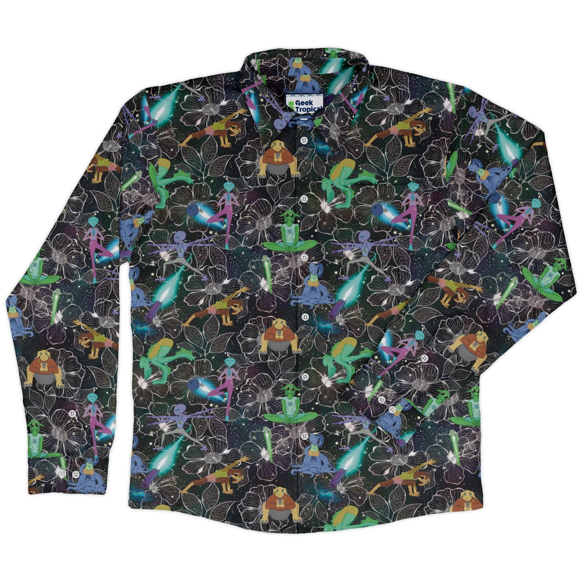 Space Alien Yoga Black Long Sleeve Button Up Shirt Geek Nerd adult sizing Designs by Nathan FLOW DESC WRITING