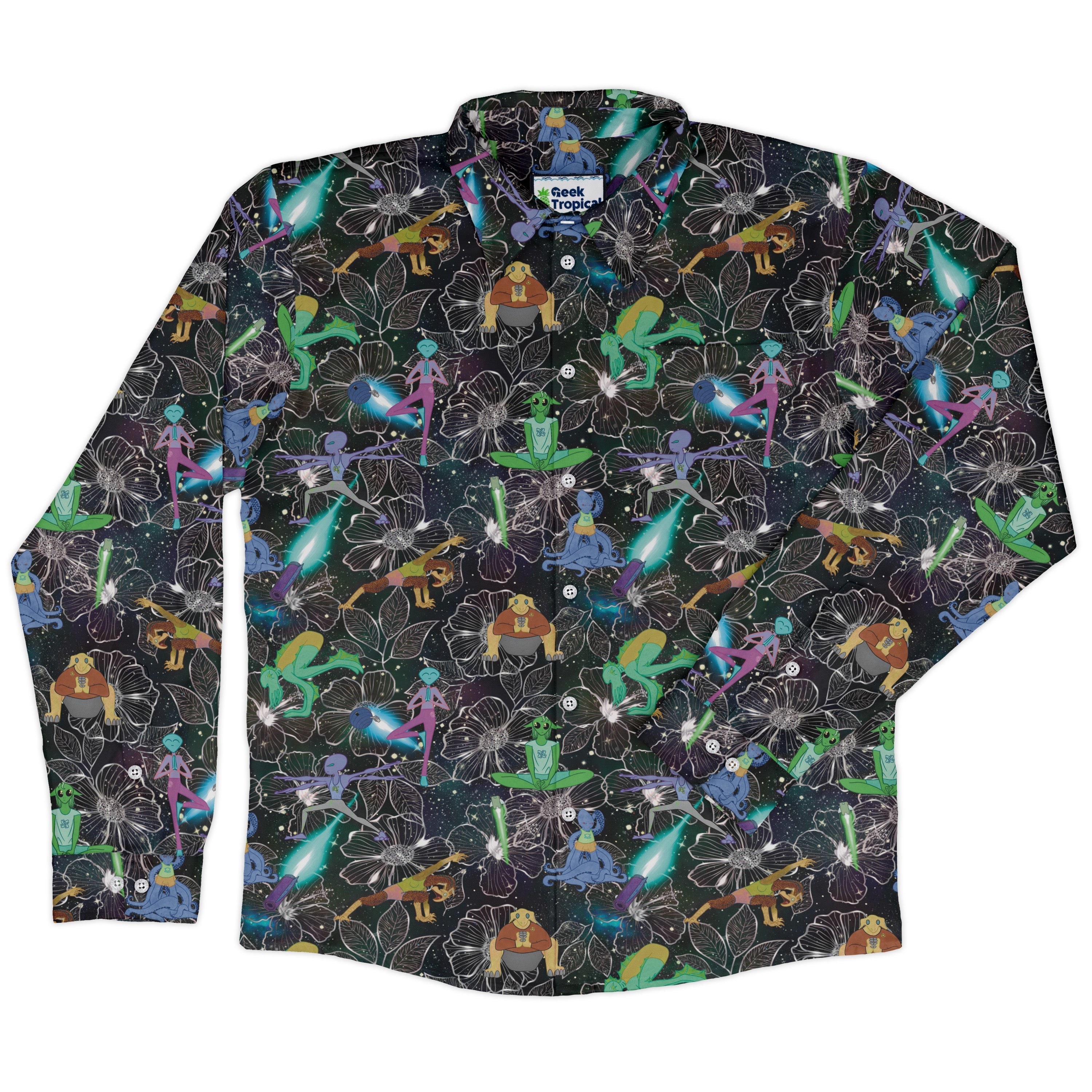 Space Alien Yoga Black Long Sleeve Button Up Shirt