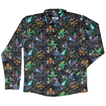 Space Alien Yoga Black Long Sleeve Button Up Shirt Geek Nerd adult sizing Designs by Nathan FLOW DESC WRITING