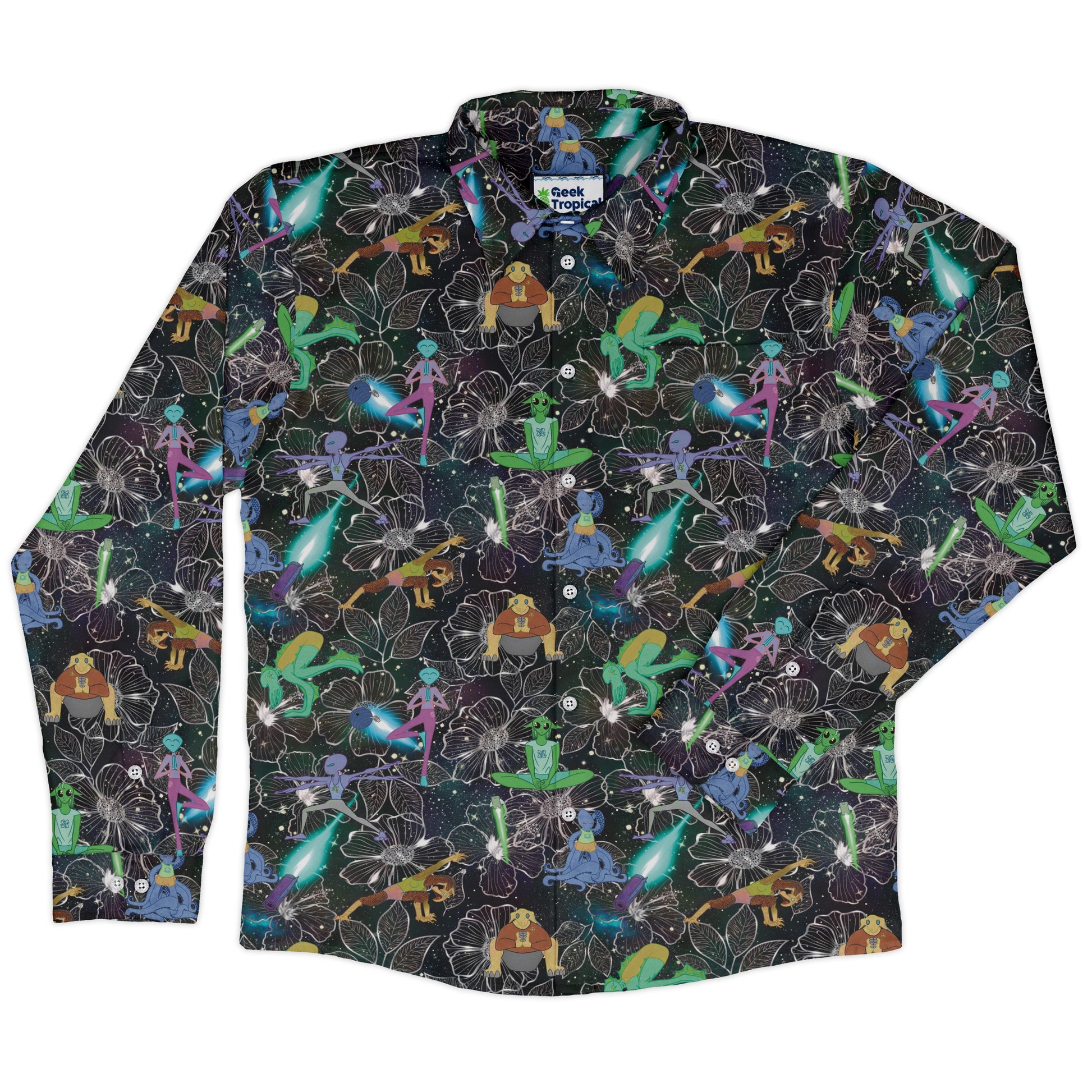 Space Alien Yoga Black Long Sleeve Button Up Shirt