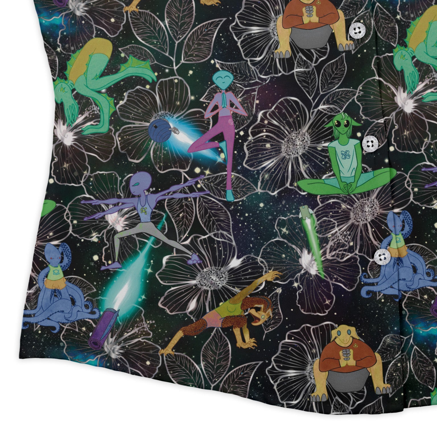 Space Alien Yoga Black Curvy Button Up Shirt Geek Nerd Designs by Nathan outer space & astronaut print Q3