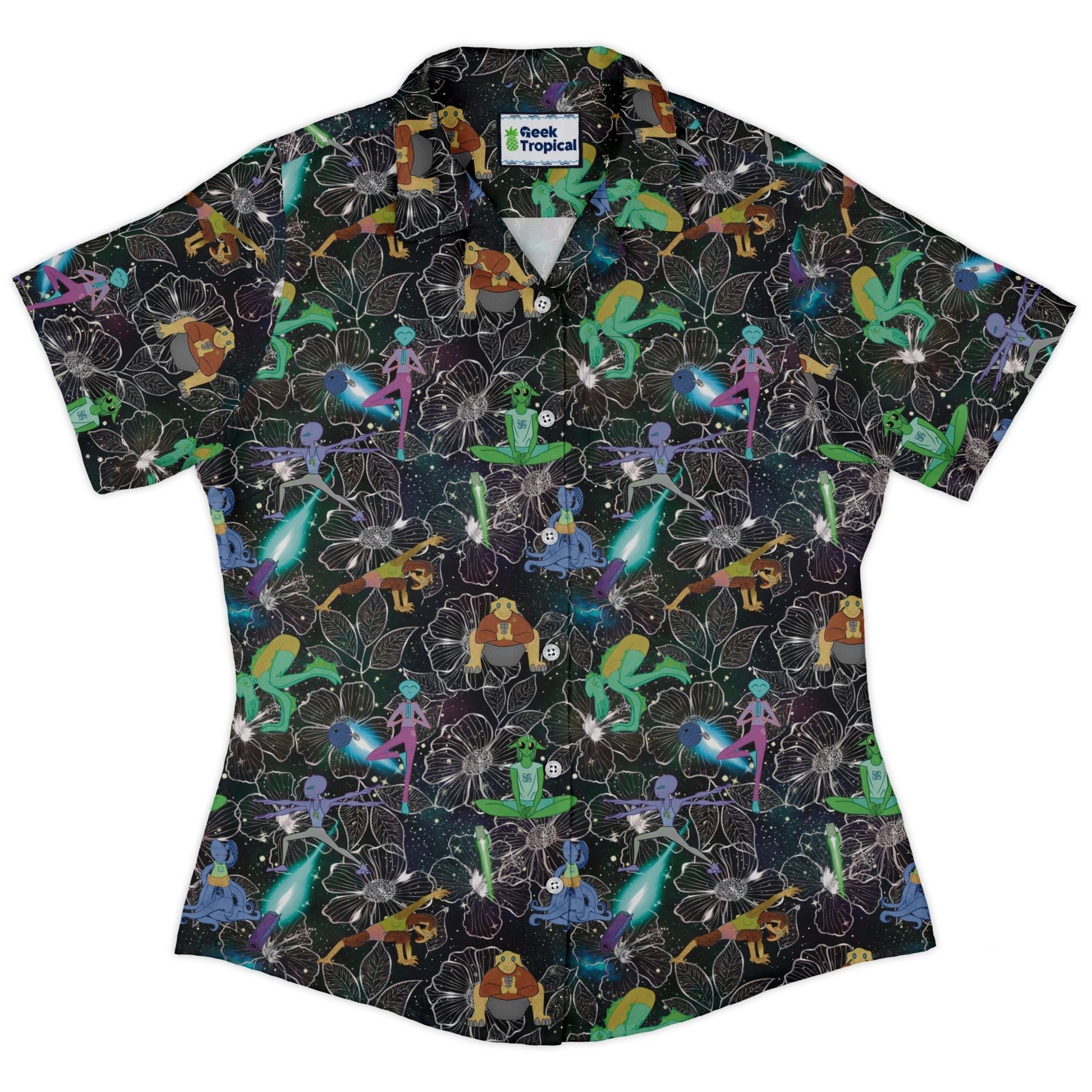 Space Alien Yoga Black Curvy Button Up Shirt Geek Nerd Designs by Nathan outer space & astronaut print Q3