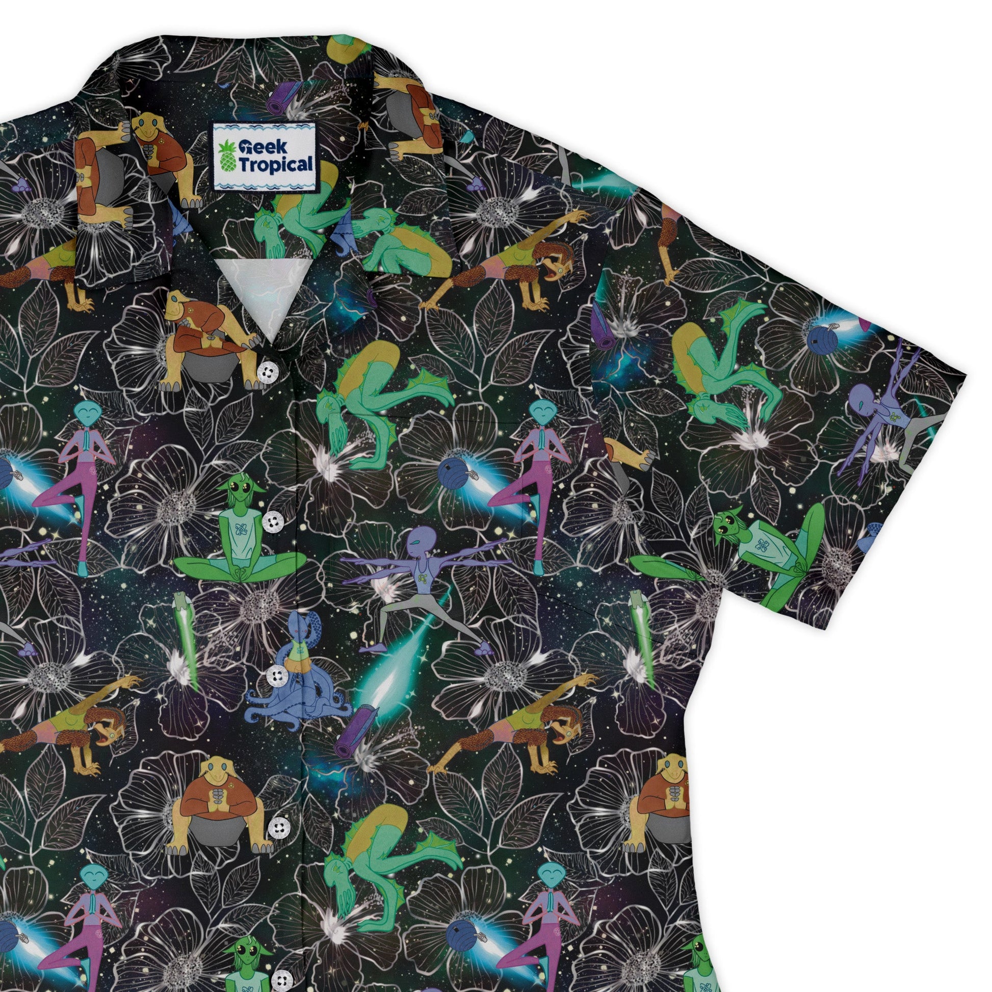 Space Alien Yoga Black Curvy Button Up Shirt Geek Nerd Designs by Nathan outer space & astronaut print Q3